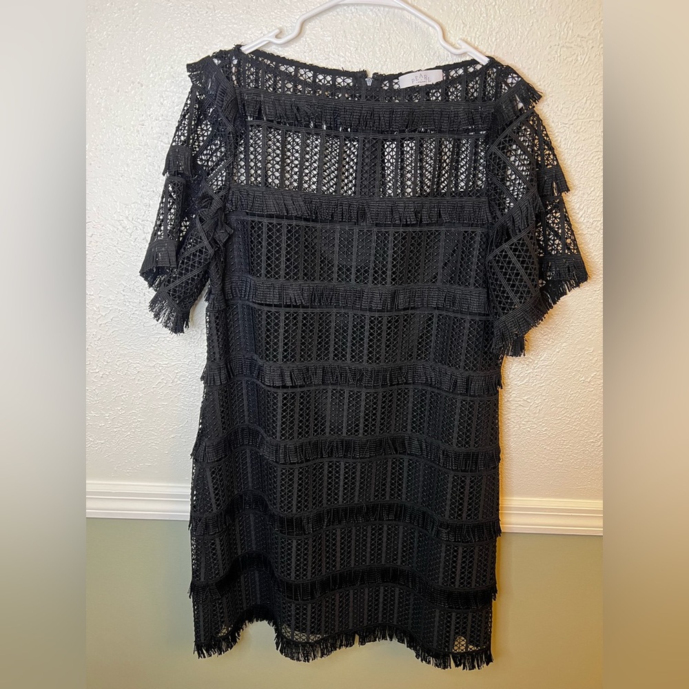 Pearl by Lela Rose Black Lace Mini fringe tunic dress